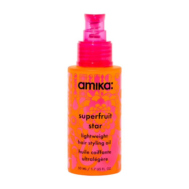 amika superfruit star lightweight hair styling and heat defense oil bottle